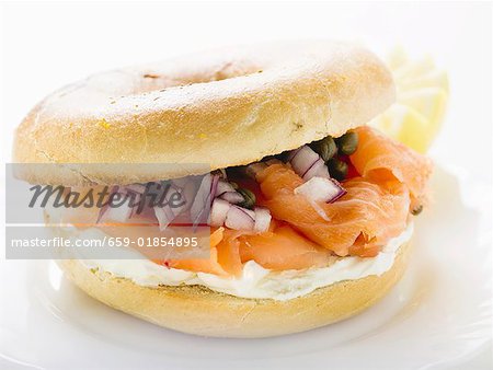 Bagel, with salmon, cream cheese, onion and capers Bagel, with salmon, cream cheese, onion and capers