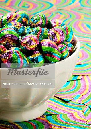 Coloured chocolate eggs in a bowl