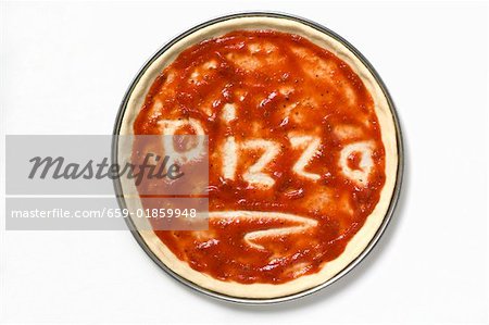 Pizza base with tomato sauce and the word 'Pizza'