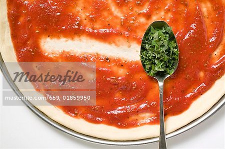 Pizza base with tomato sauce & spoonful of oregano (close-up) Pizza base with tomato sauce & spoonful of oregano (close-up)