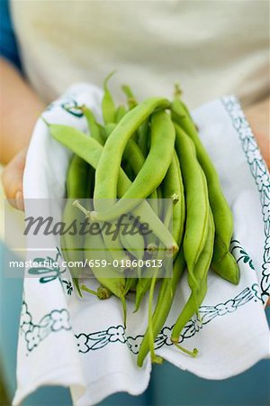 Hands holding green beans on cloth