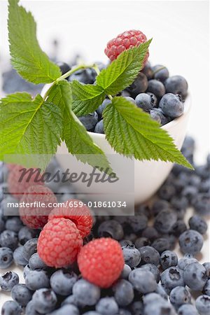 Blueberries and raspberries with leaves, some in bowl