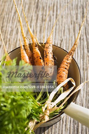 Young carrots in strainer on wooden background