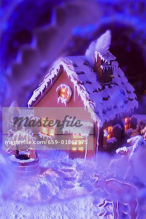 Gingerbread house with atmospheric lighting