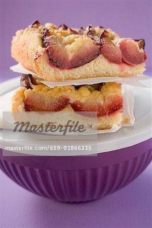 Two pieces of plum cake on plastic bowl