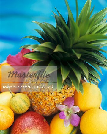 Assorted exotic fruits and orchids Assorted exotic fruits and orchids