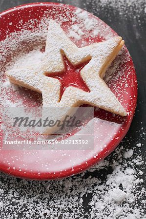 Jam biscuit with icing sugar on red plate