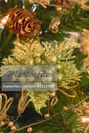 Christmas tree ornaments on artificial Christmas tree