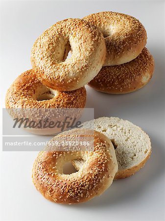 Sesame bagels, whole and split Sesame bagels, whole and split