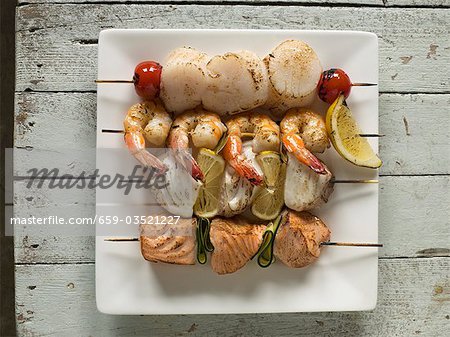 Various Seafood Kabobs; From Above