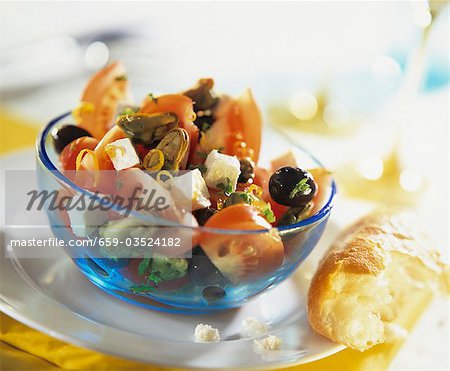 Tomato, mussel, feta and olive salad