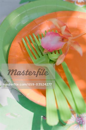 Paper plates and green plastic forks for a summer party