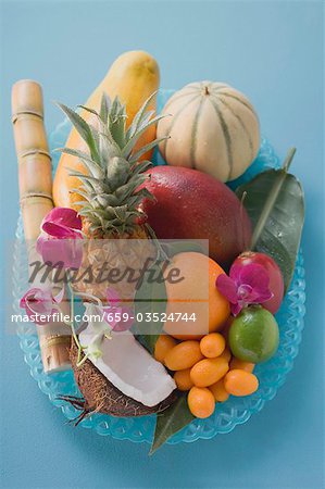 Dish of exotic fruit and coconut