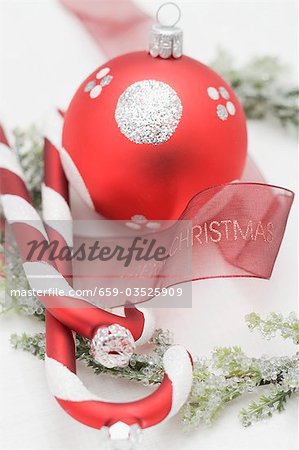 Christmas tree ornaments with ribbon and Christmas wreath