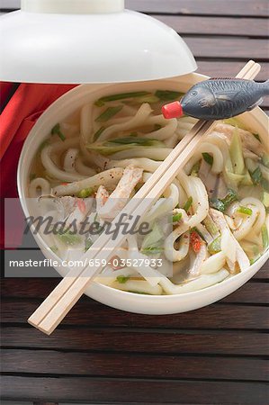 Spicy noodle soup with chicken and soy sauce (Asia)