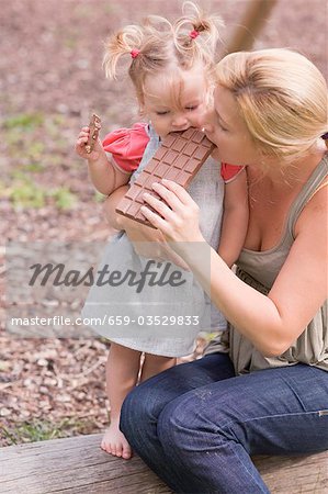 Mother and young daughter biting into a bar of chocolate