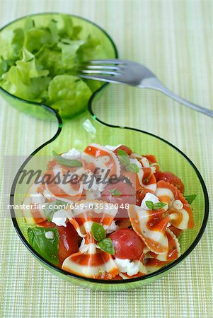 Coloured farfalle with tomatoes, mozzarella & salad leaves