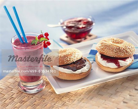Milkshake and bagels with sweet filling for breakfast Milkshake and bagels with sweet filling for breakfast