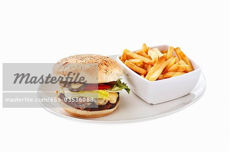 Burger with mushrooms and cheese, chips