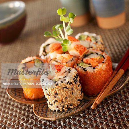 Lobster Sushi Rolls on a Plate; Chopsticks