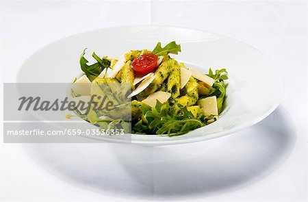 Penne with pesto, rocket and Parmesan