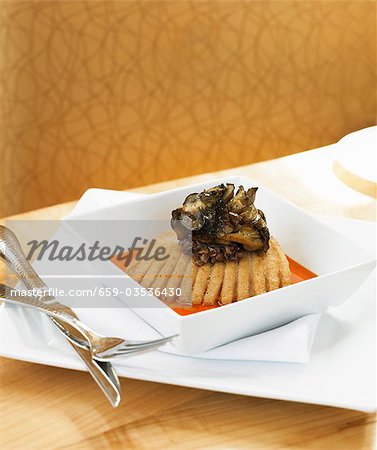 Fried Skate in Red Pepper Sauce Topped with Mushroom