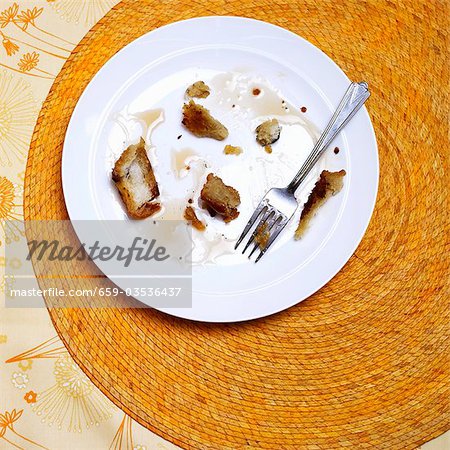 Remains of French Toast on a Plate; Fork Remains of French Toast on a Plate; Fork
