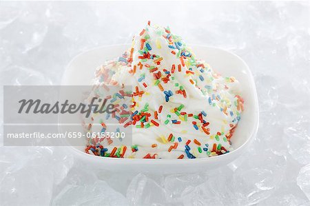 Yogurt ice cream garnished with sugar strands