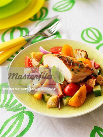 Grilled chicken breast on Tuscan bread salad