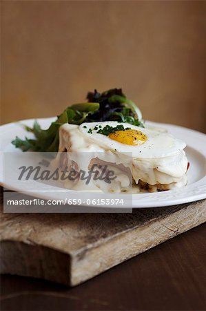 Croque Madame Sandwich; Sandwich with Fried Egg and Bechamel Sauce