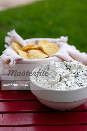 Artichoke Dip and Chips on an Outdoor Table