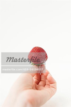 Hand Holding a Strawberry; White Background