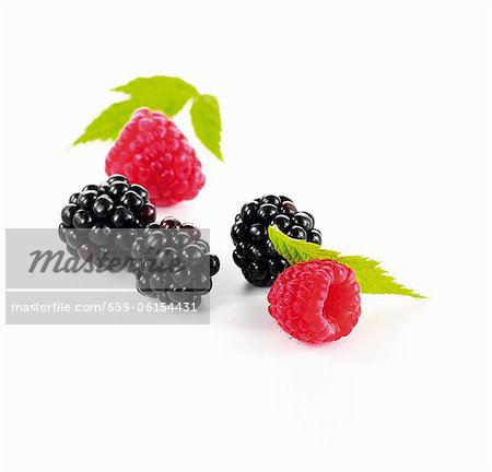 Blackberries and raspberries with leaves