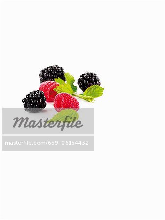 Blackberries and raspberries with leaves