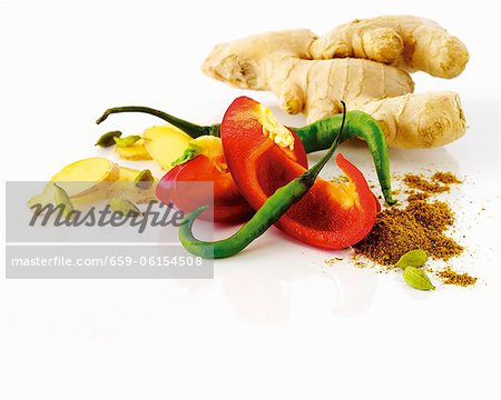 Ginger, pepper, chili pepper, curry powder Ginger, pepper, chili pepper, curry powder
