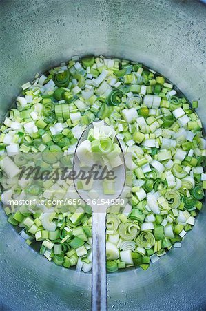 Washing Leeks; Sliced and Soaking in a Bowl of Water to Remove Dirt