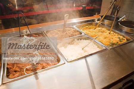 Trays if Pulled Pork and Rices; Steaming; Buffet