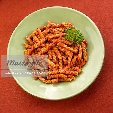 Plate of Gemelli Pasta in Marinara Sauce with Parsley Garnish