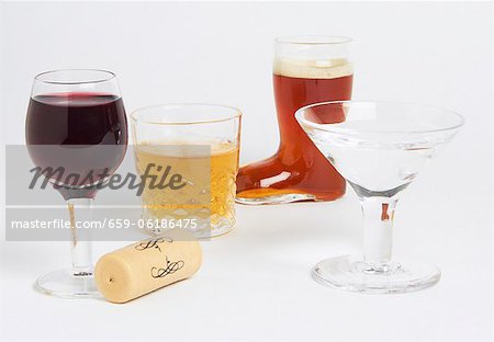 Mini Booze Glasses; Wine, Scotch, Beer, Vodka Martini; Wine Cork