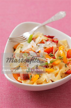 Farfalle with peppers, bacon and parmesan