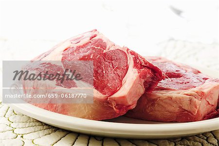 Two Raw Steaks on a White Plate