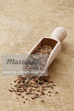 Oriental spice mixture in a wooden scoop Oriental spice mixture in a wooden scoop