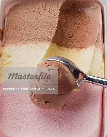 Neapolitan ice cream in a plastic box and an ice cream scoop - Stock Photo  - Masterfile - Premium Royalty-Free, Code: 659-06307474