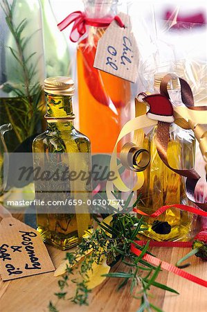 Home-made aromatic oils in bottles as gifts