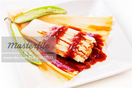 Spicy Tamale with Husk Peeled Open