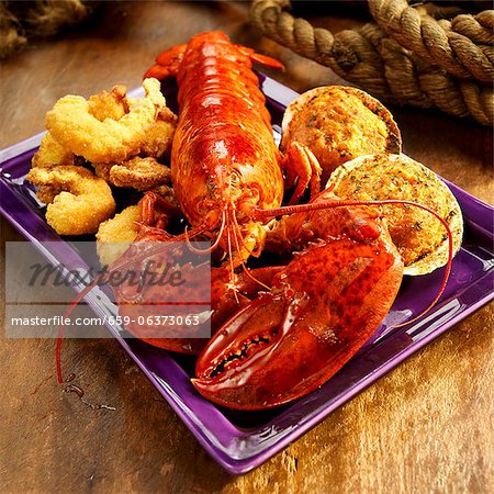 Seafood Platter with Lobster, Fried Shrimp and Stuffed Clams Seafood Platter with Lobster, Fried Shrimp and Stuffed Clams