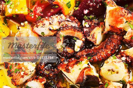 Grilled Octopus with Boiled Beets in Oregano Sauce