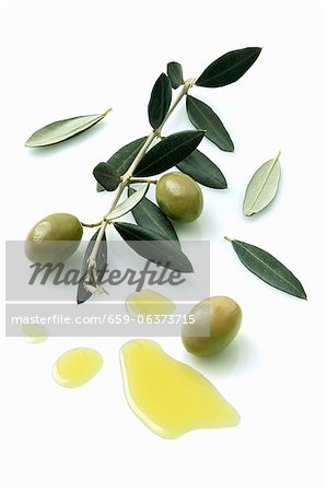 A olive sprig with olives next to a pool of olive oil