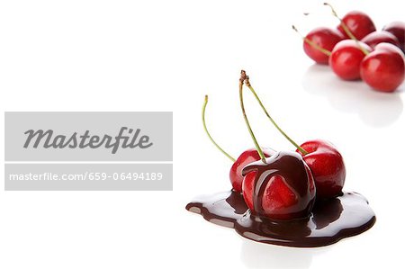 Sweet cherries with chocolate sauce