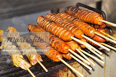 Pork and Chorizo Kabobs on a Food Cart Pork and Chorizo Kabobs on a Food Cart